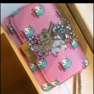 Gedebe Brand Leather Pink Crystal Leather Clutch